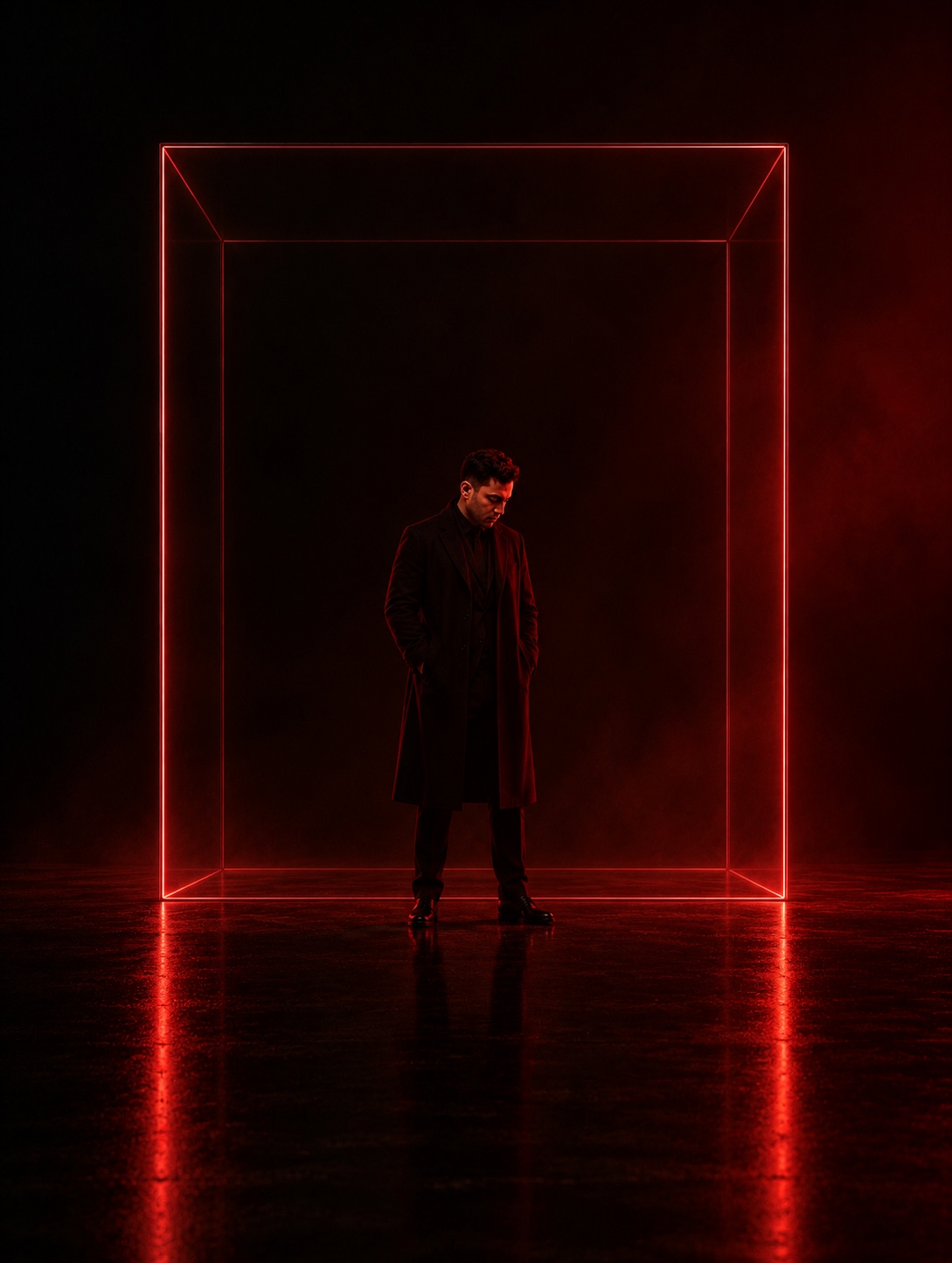 Full-length portrait inside a red light frame