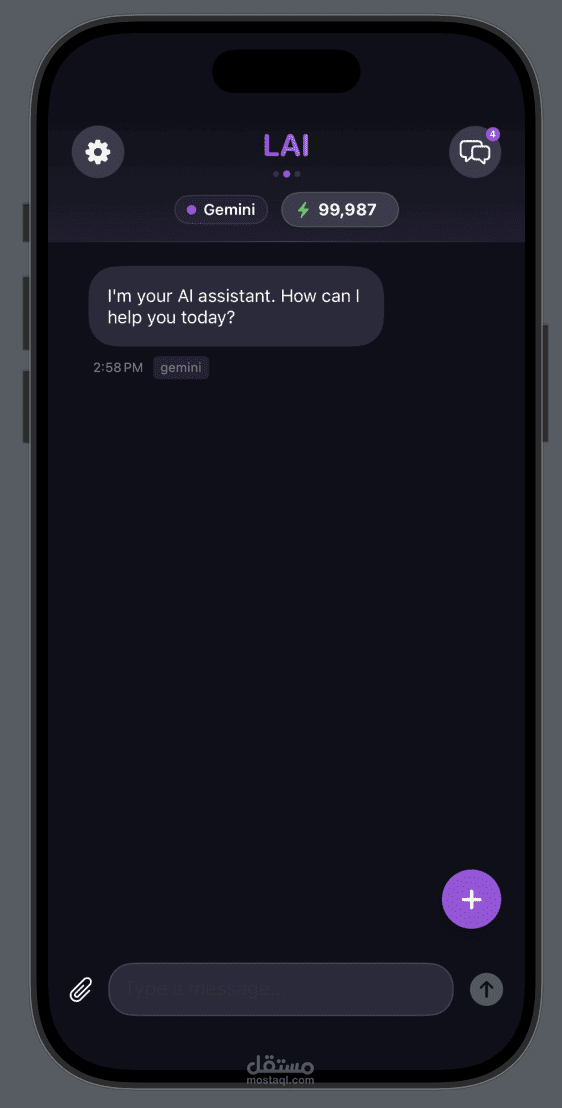LAI chat screen on iPhone with the Gemini provider active and a token counter