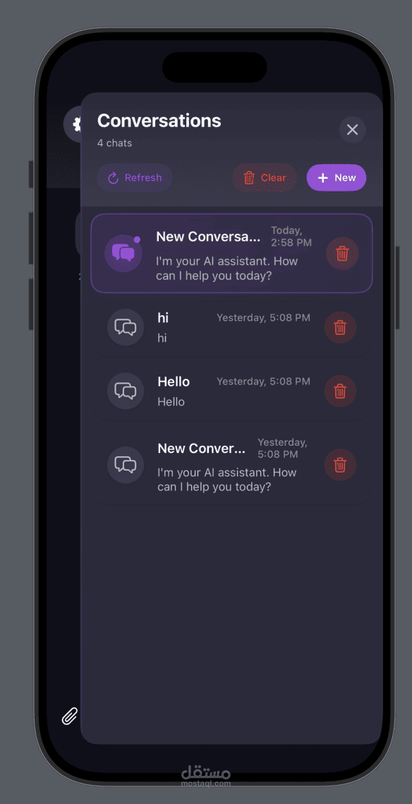 LAI conversations list with four saved chats and refresh, clear and new actions