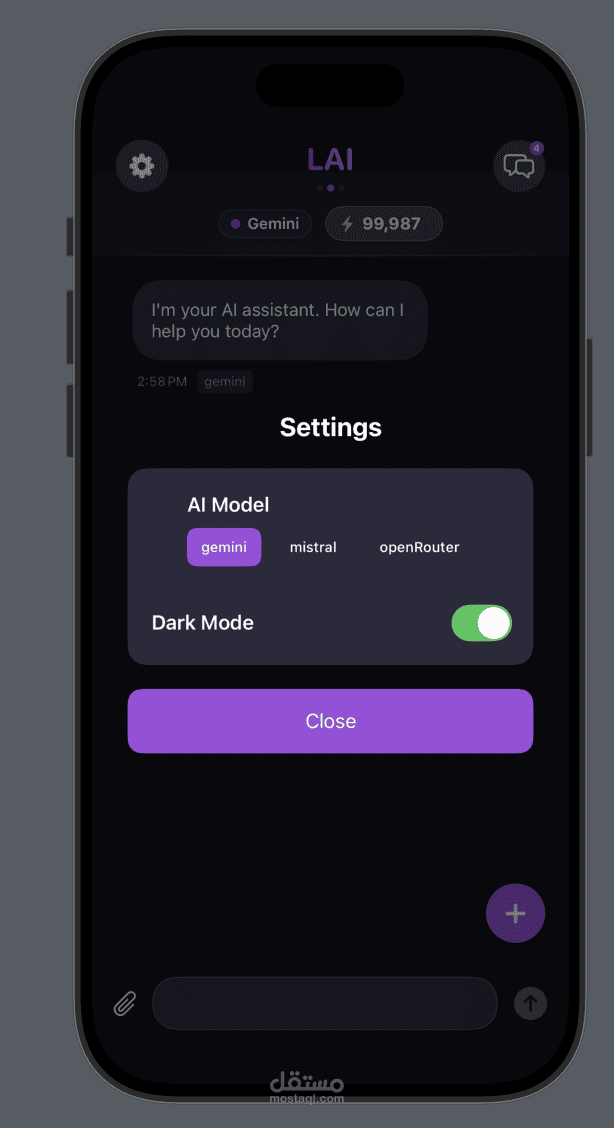 LAI settings sheet offering gemini, mistral and openRouter as the AI model, plus a dark mode toggle