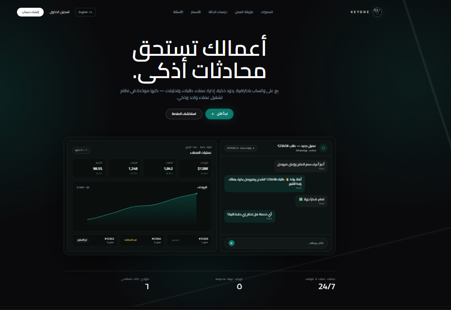 WKEYONE marketing site, Arabic right-to-left, with a revenue chart and a live WhatsApp conversation